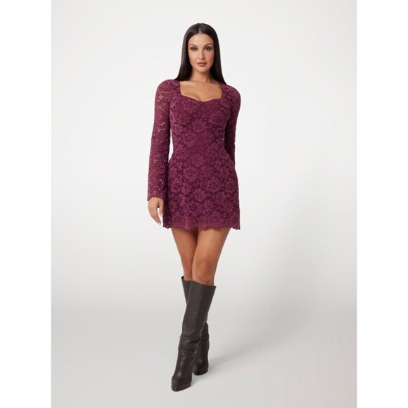 Lulus Burgundy Lace Long Sleeve Mini Dress With Sweetheart Neckline - Picture 1 of 4